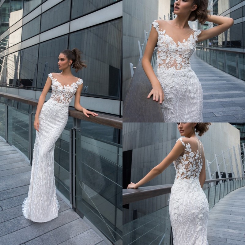 

Modest Crystal Design Mermaid Wedding Dresses Jewel Short Sleeve Lace Applique Wedding Gown Sweep Train robe de mariée, Daffodil