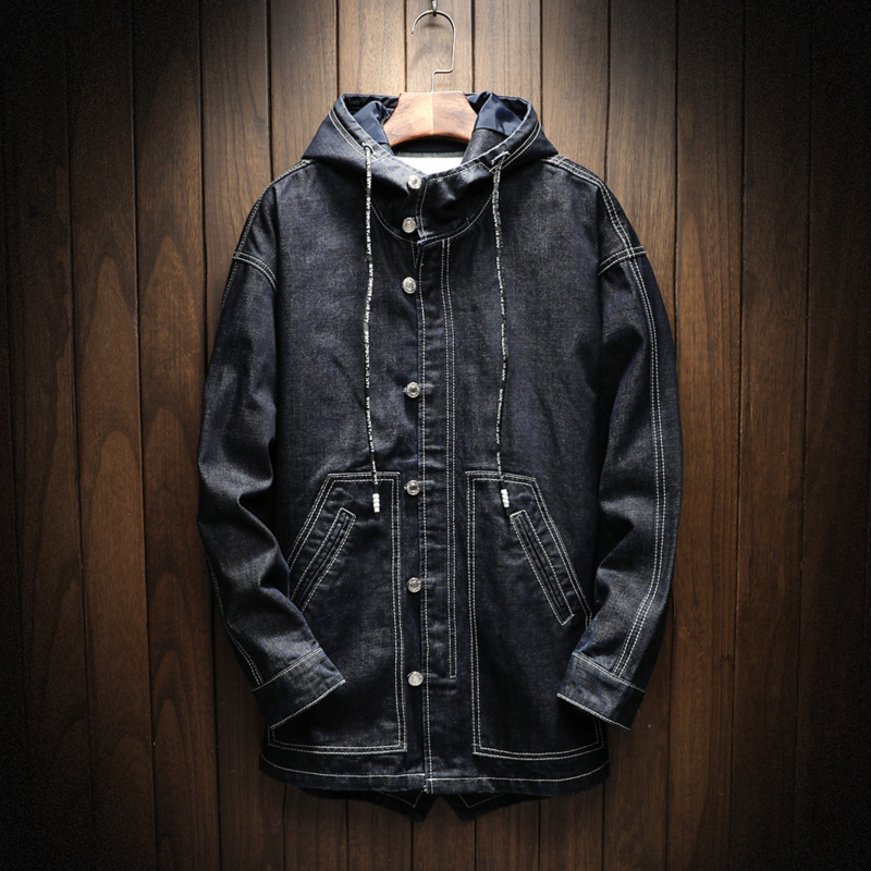 Autumn Winter New Men's Denim Jacket And Coats Hooded Loose Casual Solid Color Retro Simple Fashion Streetwear Outwear Man