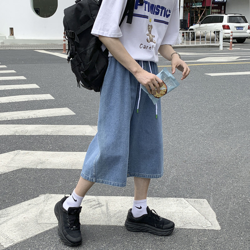 

Summer Drawstring Jeans Men' Fashion Solid Color Casual Straight Jeans Men Streetwear Wild Hip-hop Loose Short Mens -2XL, Black