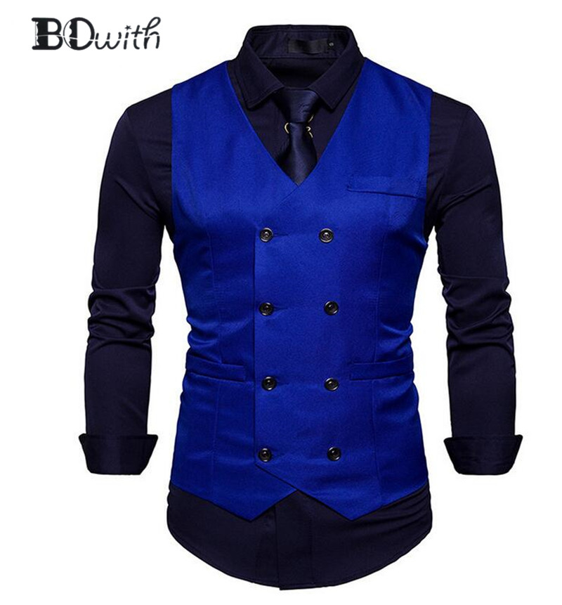 

New Arrival Royal Blue Men's Sleeveless Slim Fit Suit Vest Double Breasted Eight Buttons Business Dating Wedding Dress Waistcoat, 001