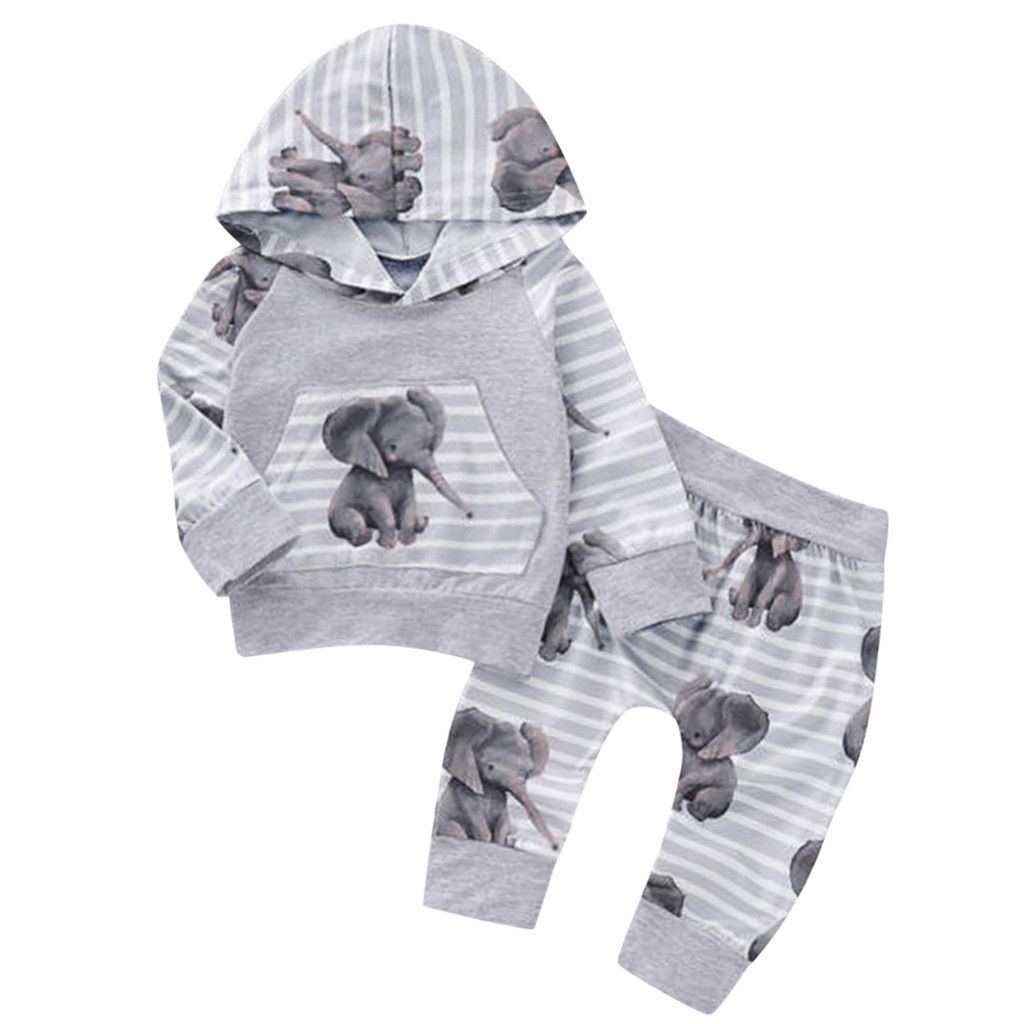 

Newborn Baby Girls Boy Cartoon Stripes Hooded Tops Pants Autumn Sportswear Clothes Outfits Sets Tracksuit oupa infantil menina, Gray