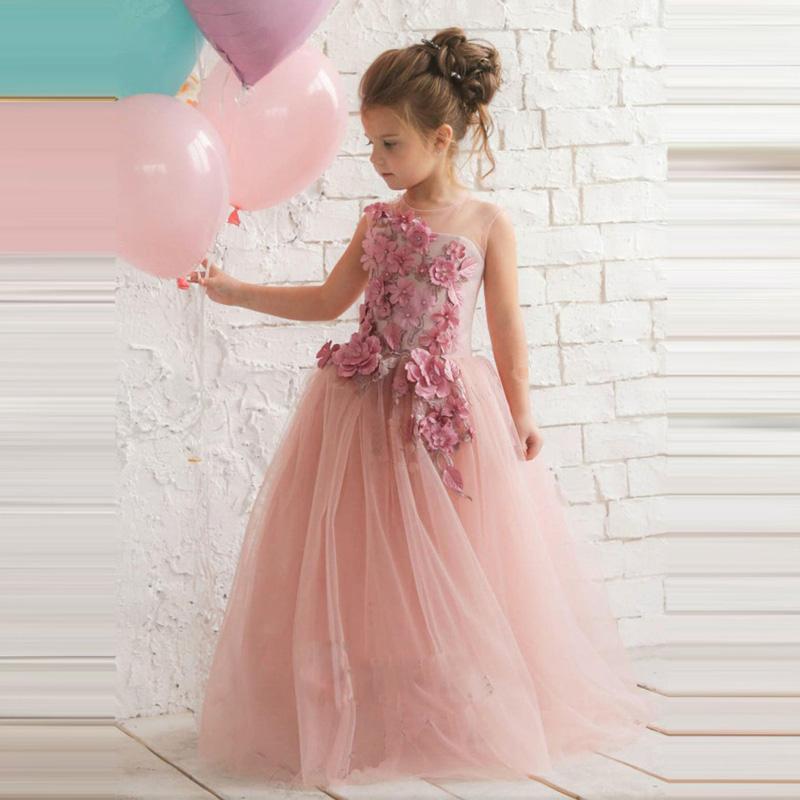 Blush rose 2020 robes de fille de fleur pour les mariages d'été une ligne fleurs à la main bébé longues robes de première Communion pour les peti