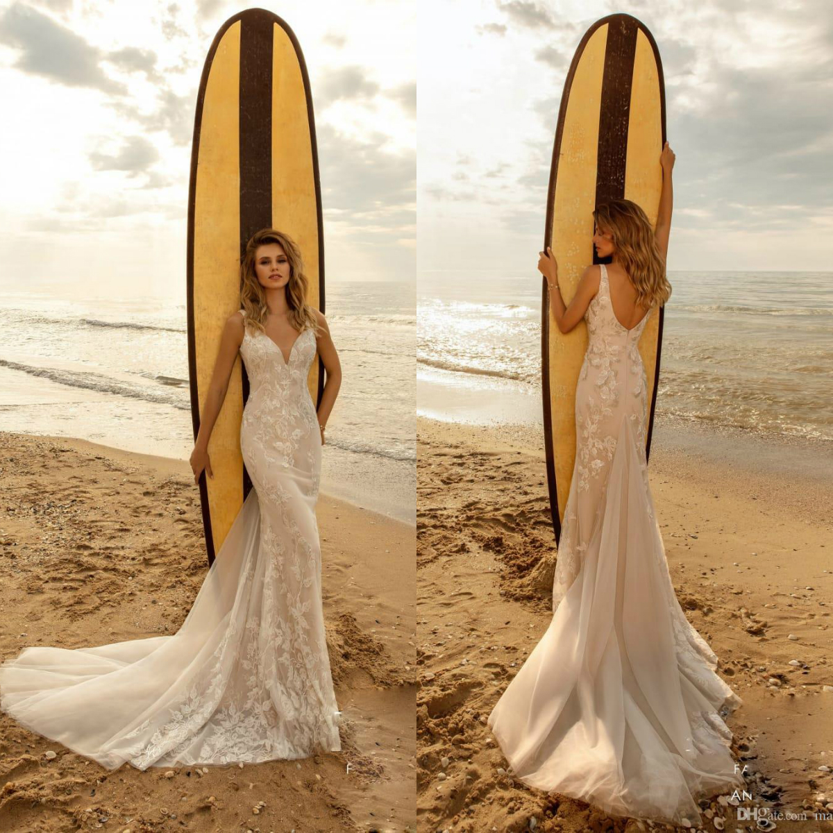

2020 Mermaid Beach Wedding Dresses V Neck Lace Appliqued Backless Bridal Gowns Sweep Train Boho Country Wedding Dress Robe De Mariée, Chocolate