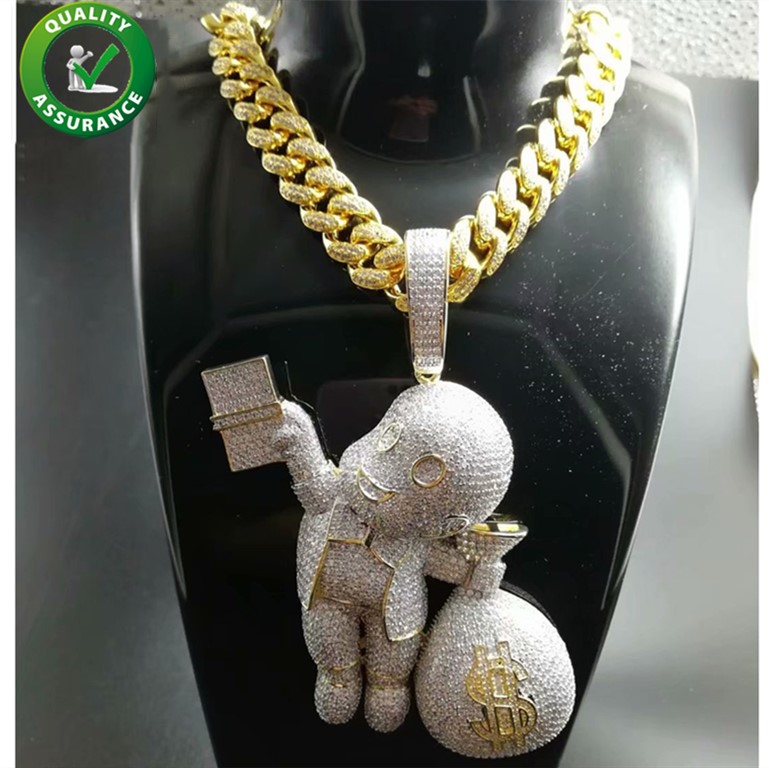 

Iced Out Pendant Hip Hop Bling Chains Jewelry Men Gold Necklace Luxury Designer Diamond Cuban Link Cartoon Mario Money Bag Rapper DJ Charms, Silver