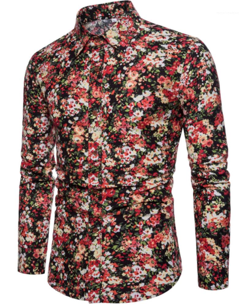 

Casual Shirts Autumn Slim Long Sleeve Button Mens Shirts Youth Designer Mens Clothing Floral Print Mens