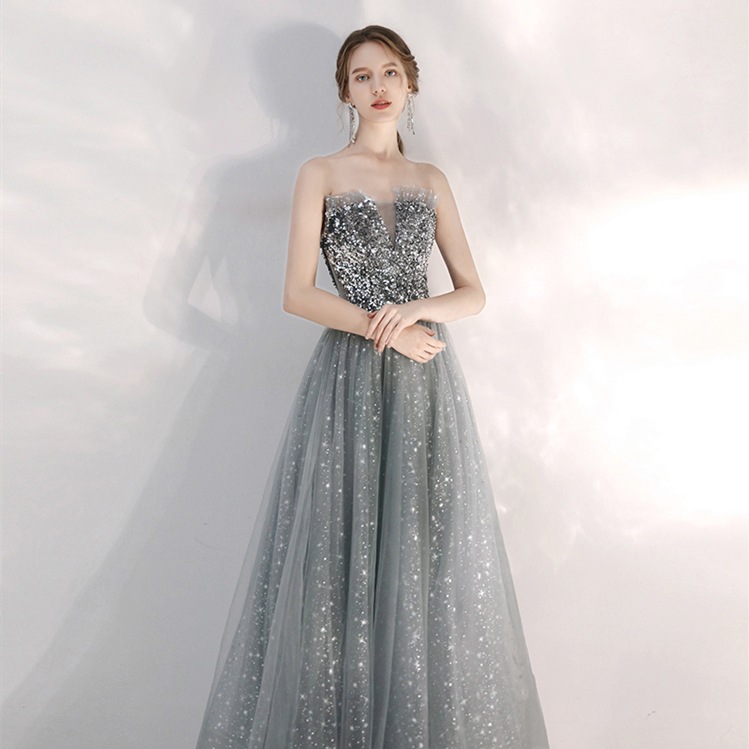 

Off Shoulder Female 2020 Fashion Star Long Style Gray Dress Woman Spring Summer Sexy Beach Maxi Mesh Dresses