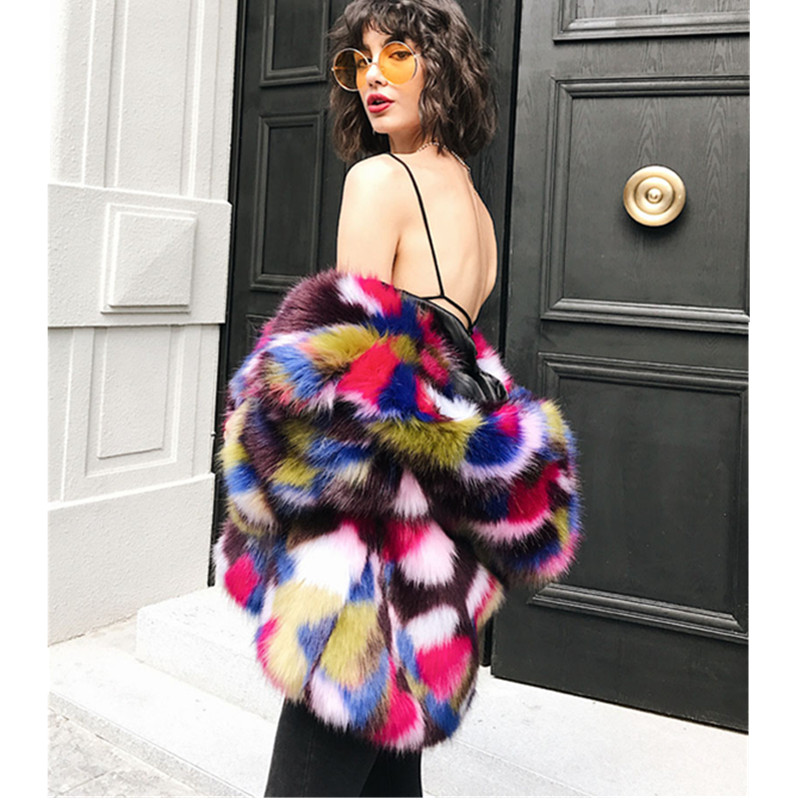 

2017 Camouflage Colored Hairy Shaggy Faux Fur Hooded Collar Coat Stylish Women Mix Contrast Color Jacket Warm Outerwear, As pic