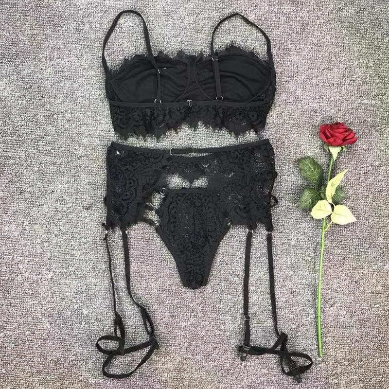

Sexy Lingerie Embroidery Lace Bra Panty Garter Set Transparent 3Pcs Women Underwear Ultrathin Bras Set Cupless Underwire #D, Green