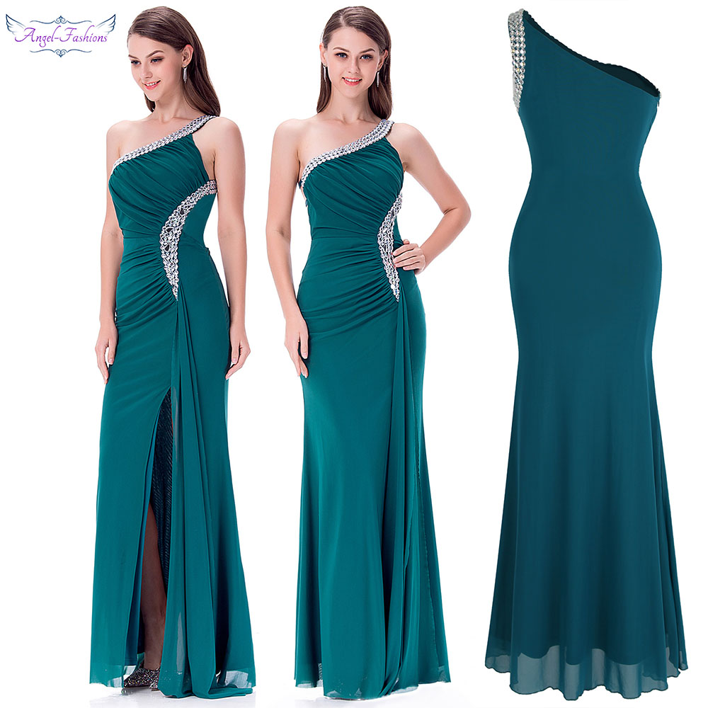 

Angel-fashions Women's One Shoulder Ruching Beading Ribbon Long Dress Formal Dress Evening Dress Prom Dresses 411, Blue