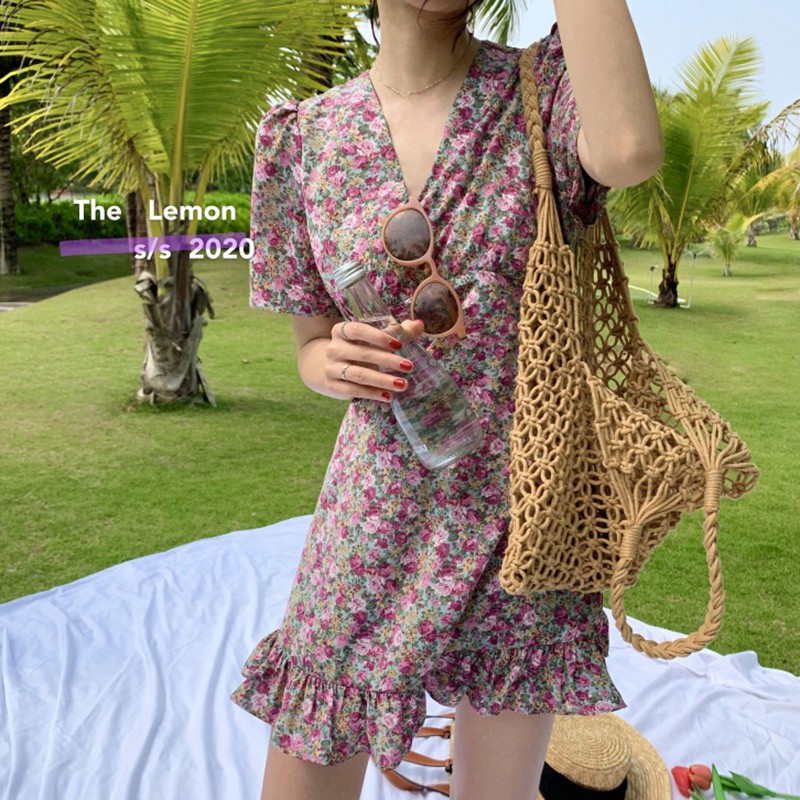 

Women Summer Dress Retro Boho Tie Neck Floral Print Floral Mini Sexy White Dress Short Sleeve Korean Vestidos N M