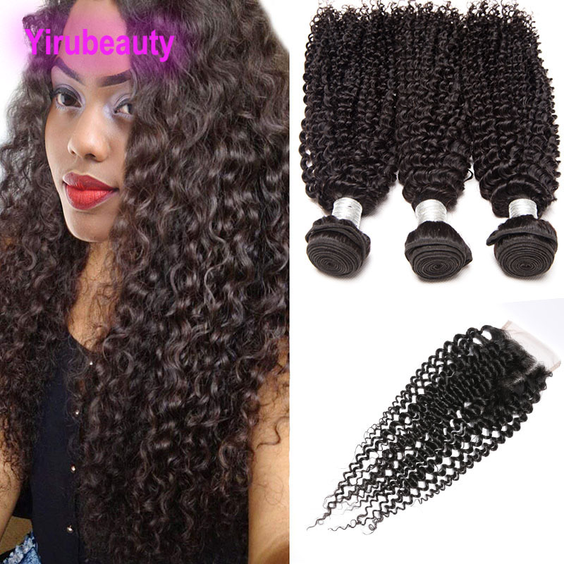 

Brazilian Human Hair Bundles With 4X4 Lace Closure Middle Free Three Part Kinky Curly 4Pcs/lot Virgin Hair Bundles With Closures, Natural color