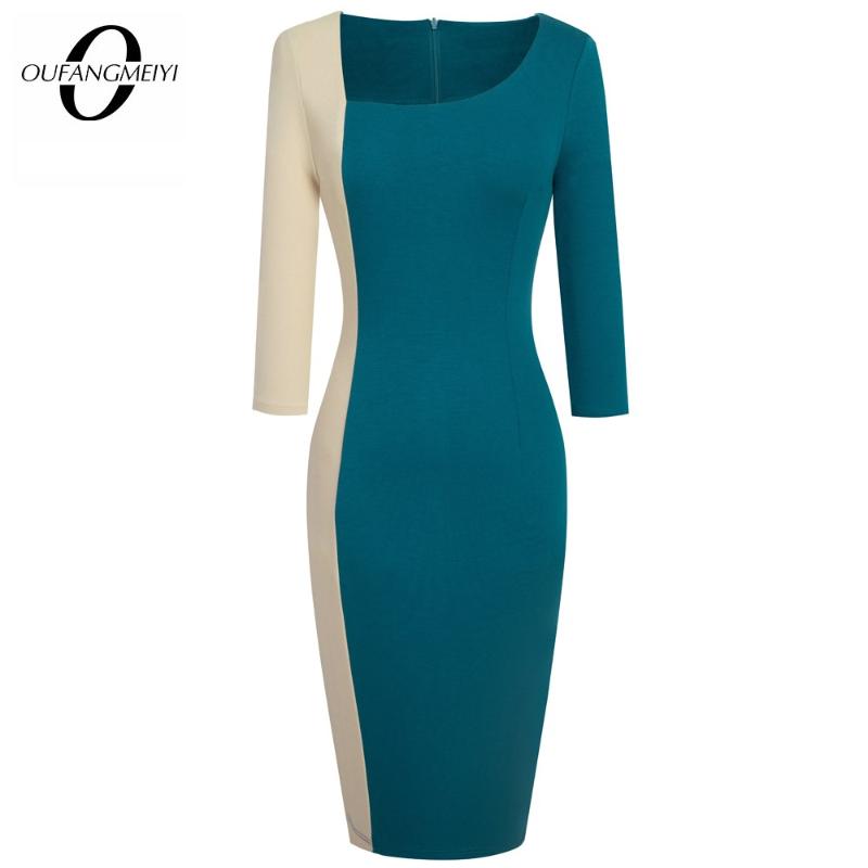 

Women patchwork vintage sexy office ladies dress Asymmetric collar wear to work bodycon dress EB546, Black