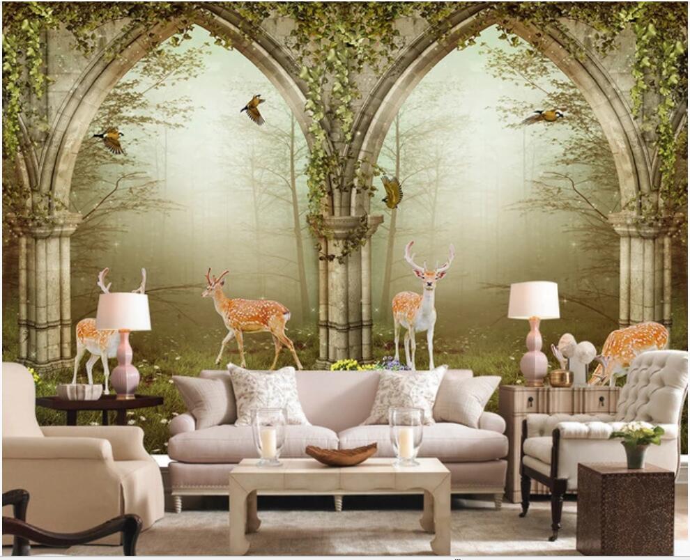 

3d landscapes wall custom mural wallpaper Fantasy deep forest roman column arch elk 3D background wall 3d mural on the wall, Non-woven fabric