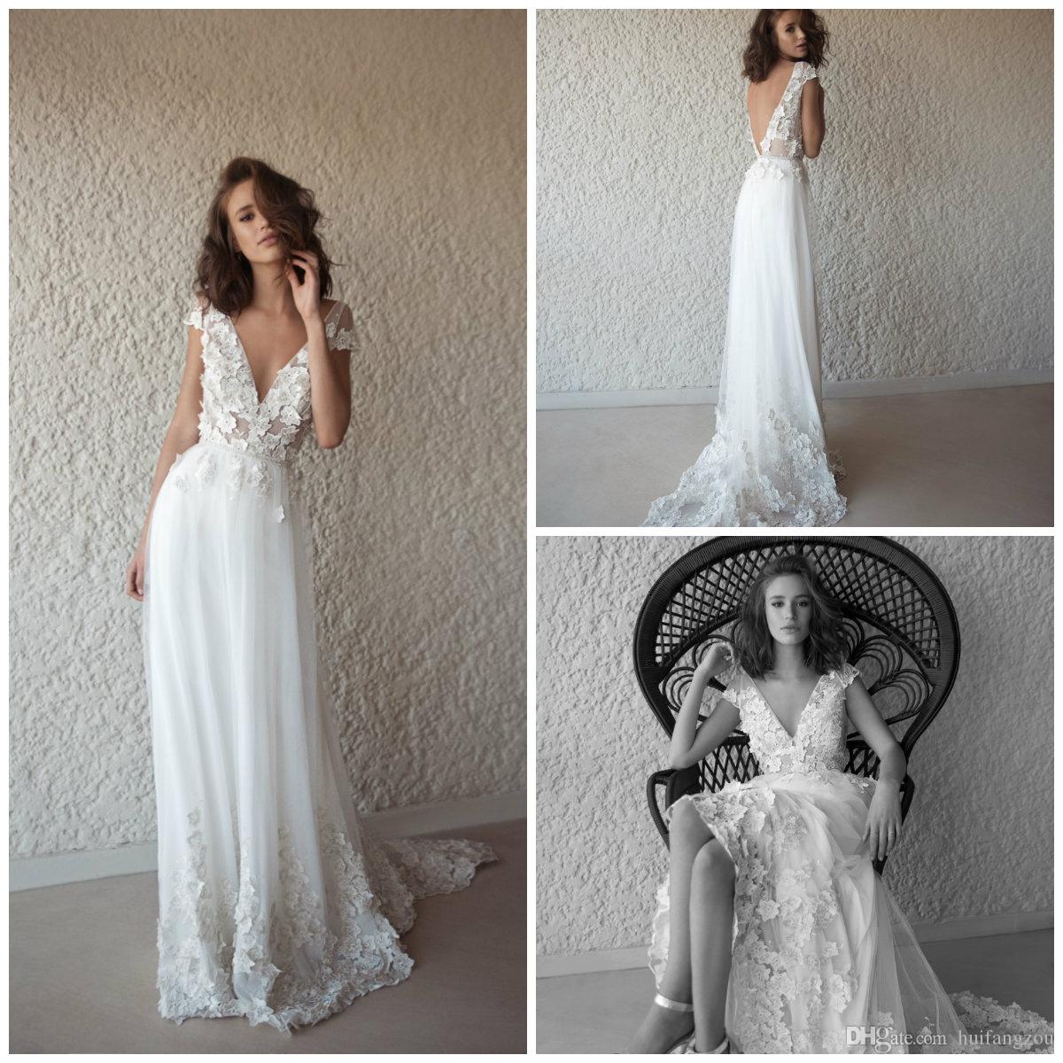 

Modern Tulle Wedding Dresses 2018 V Neck Lace Applique Bridal Gowns Sexy Backless Sweep Train Garden Wedding Dress, Gold