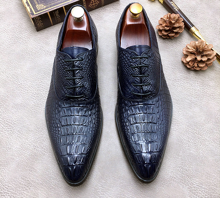 

New Style Pointed Toes Crocodile Pattern Genuine Leather Lace Up Dress Shoes Men England Style Business Casual Office Work Shoes