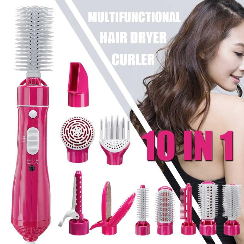 

10 In1 Hair Dryer Brush Curling Iron Hair Curler Straightener Ions Ceramic Rotating Hairdryer Comb Blow Dryer Styling Tool