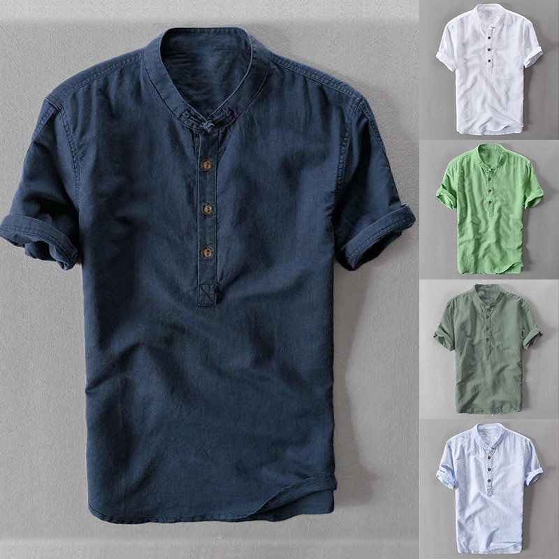 

New Men Shirts Spring Summer Casual Men's White Shirt Cotton Short Sleeve Solid Color Stand Collar Shirts Sreetwear Plus Size, Green