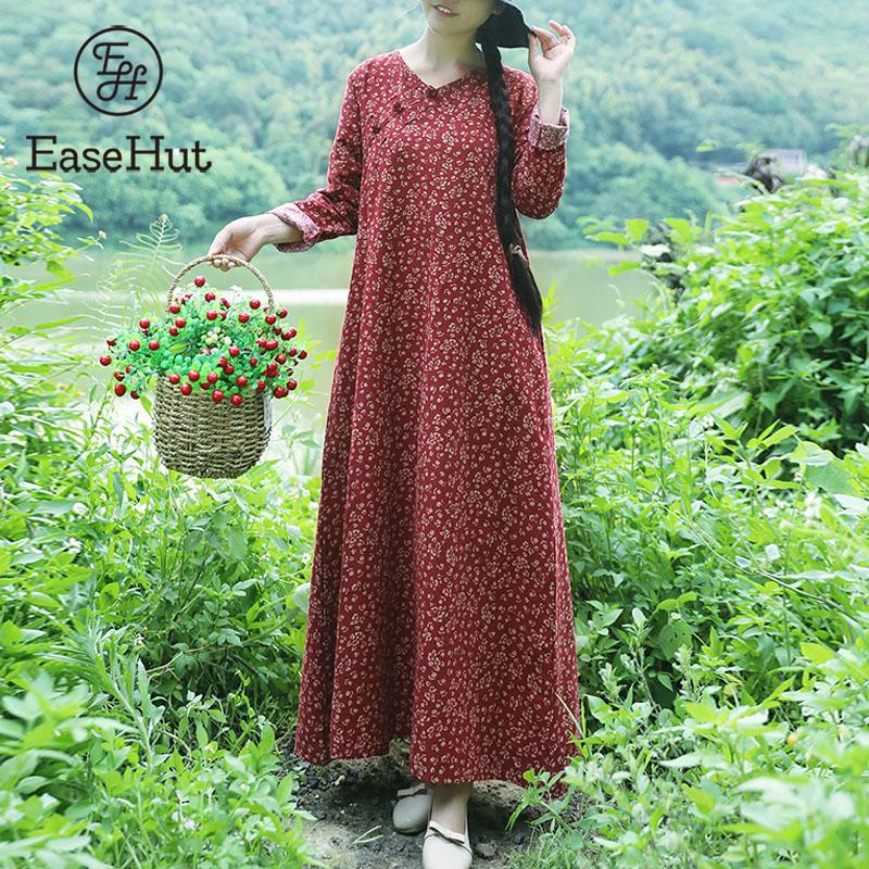 

EaseHut Floral Print Cotton Linen Dress for Women V-neck Long Sleeve Casual Summer Dress One Piece Female Maxi Long Dresses, Blue