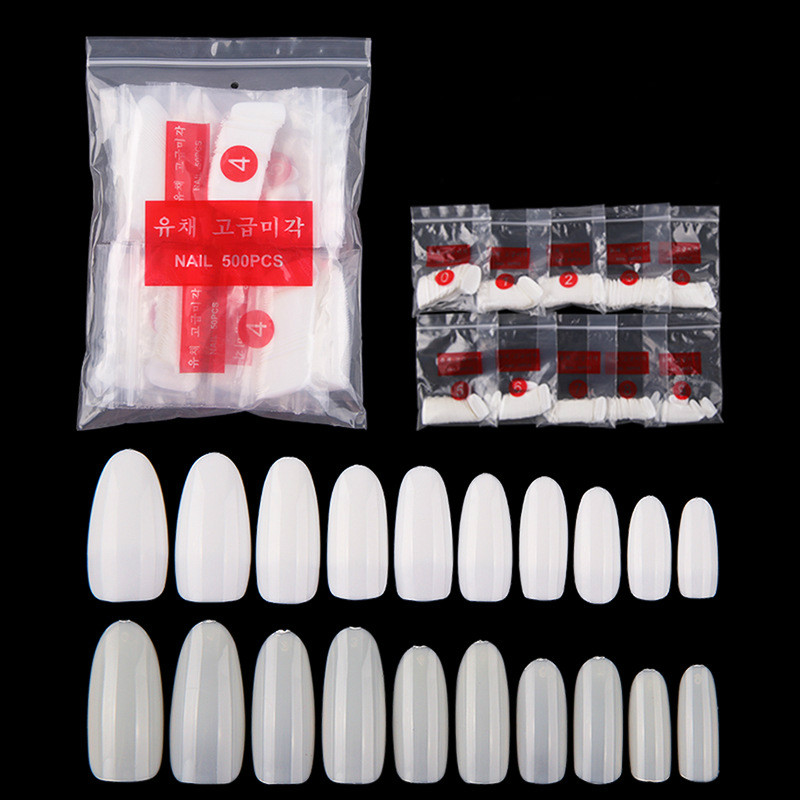 

500pcs Acrylic Oval Head Round Stiletto Full Tips False Nail Tips White Natural Clear Sharp Stiletto Artificial Pro Fake French Nail, Color and styles