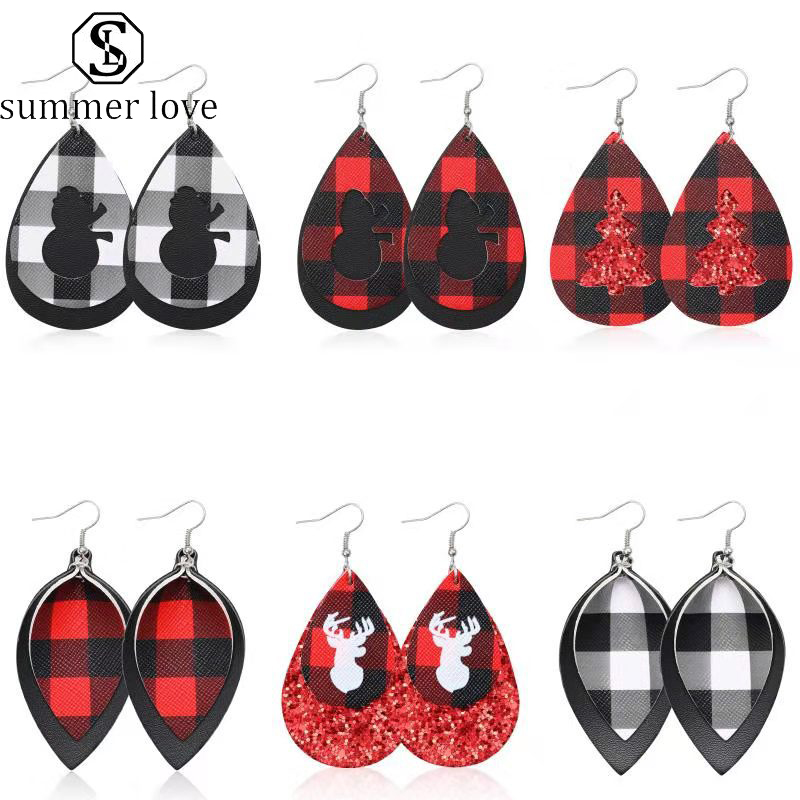 

New Christmas Tree Leather Earrings Snowman Lattice Drop Earrings Leaf Dangle Earrings For Women Colorful Double Layer Wholesal Jewelry
