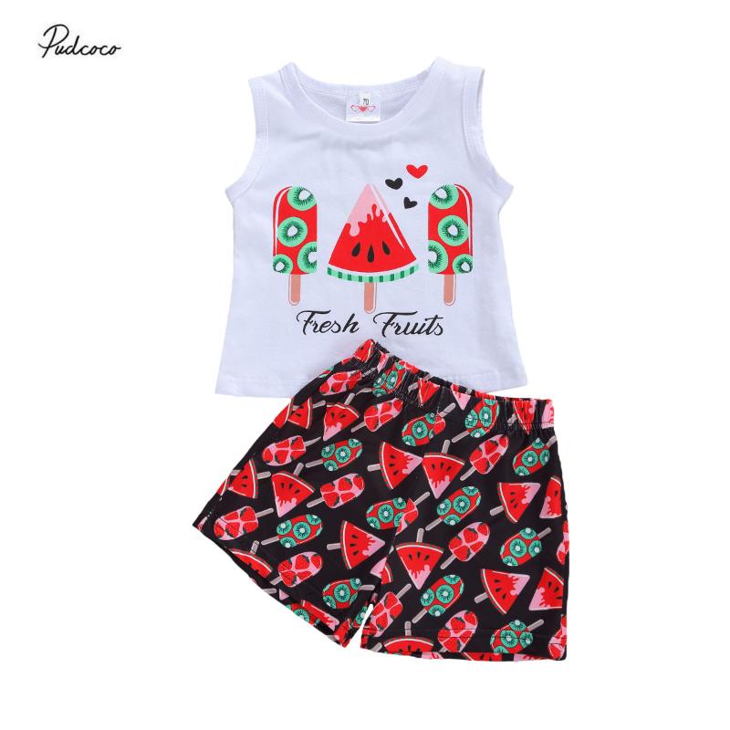 

2020 Baby Summer Pajama Sets Infant Tank Top+shorts Watermelon Ice Cream Printing Fresh Fruit English Baby Sleepwear Clothing, As pic