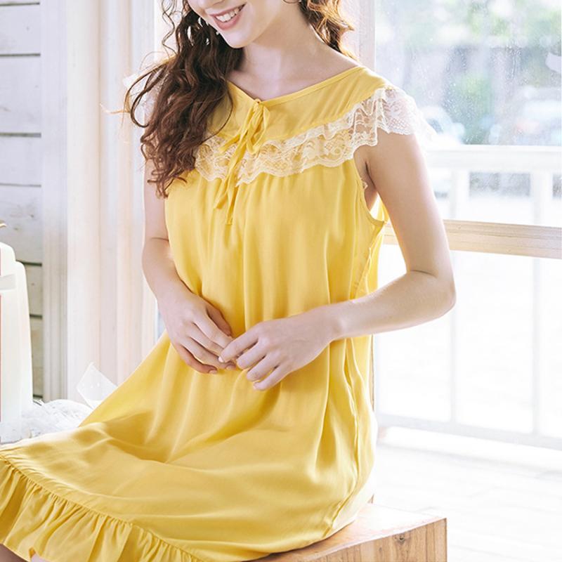 

Women Lady Lace Short Sleeve Elegant Princess Yellow Summer Cotton Sleepwear Pregnant Dress Nightdress Nightgowns Beach Dress