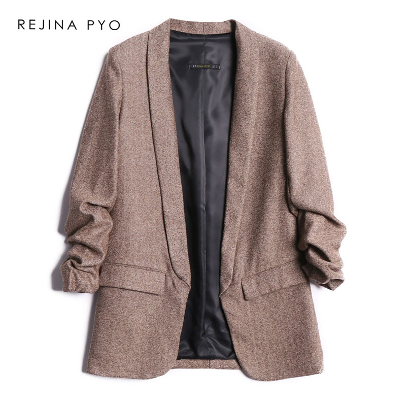 

REJINAPYO Women Tweed Vintage Chic Blazer Notched Collar Pleated Sleeve Office Lady Casual Fashion Blazer Coat with Pockets, As pic