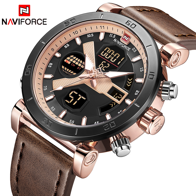 

Luxury Brand Men Fashion Sport Watches NAVIFORCE Men's Quartz Digital Clock Man Leather Military Wrist Watch relogio masculino, Slivery;brown