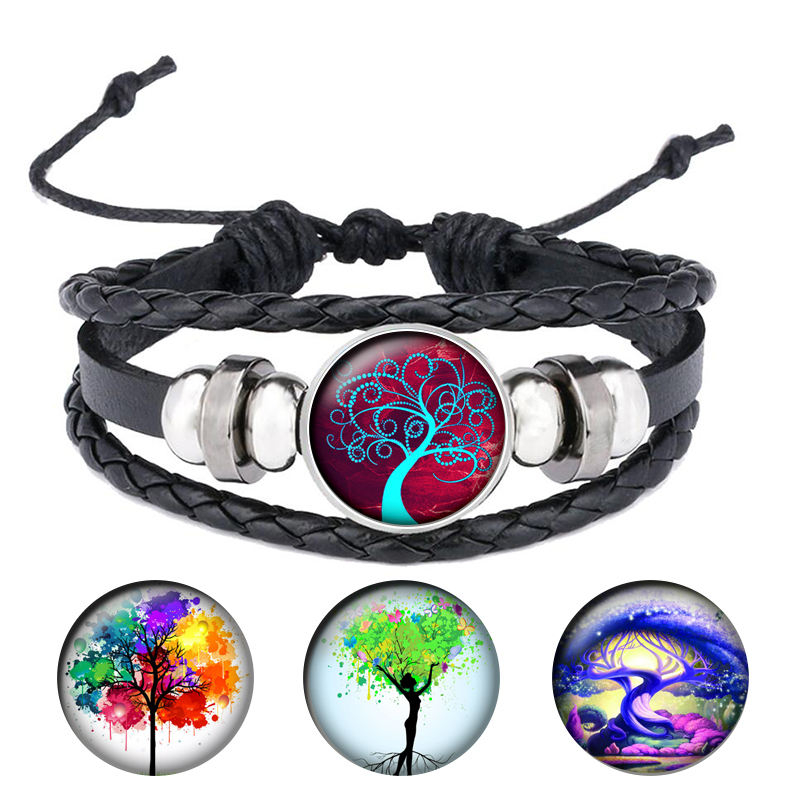 

18mm Snap Buttons Tree of Life Charm Bracelet Bangles Leather Bracelet Punk Style Women Men Jewelry Gift B049