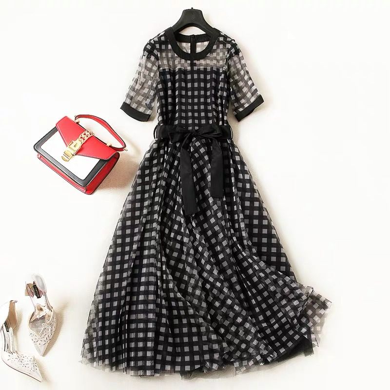 

2020 New Summer Women Fashion Plaid Lace-Up Ruffles Petticoat Dress Female Plus Size 5XL Bandage Pleated Long Dress Vestidos T62, Black