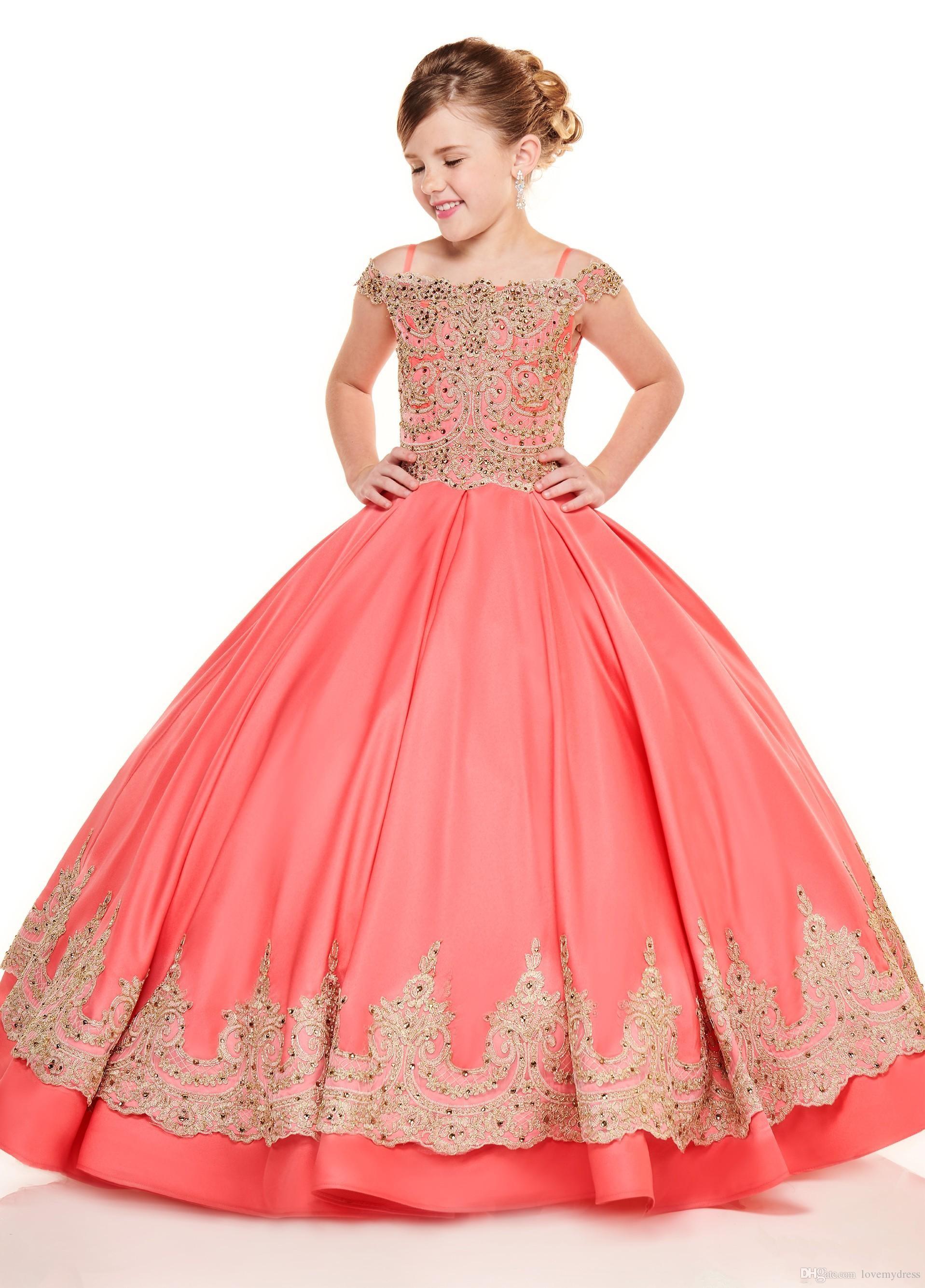 

Coral Ball Gowns Princess Little Girls Pageant Dresses Gold Embroidery Beads Cold Shoulder Flower Girl Dress For Wedding Party Birthday Gown, Black