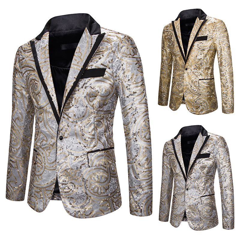 

2020 New Shiny Gold Sequin Men Blazer Jackets Lapel Floral Glitter Blazers Men Luxury Wedding Mens Dress Jacket Party Club