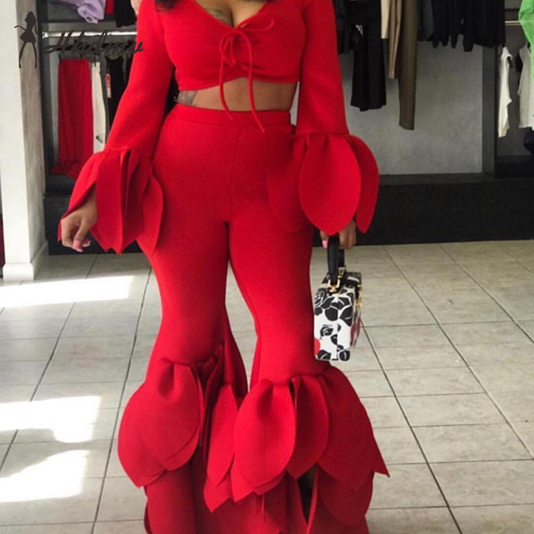 

2020 New Upmarket Unusual Hollow Out Open Sexy Club Red Set Full Sleeve Group Long Flare Pants High Waist Slim Women 2 Piece Set, Top