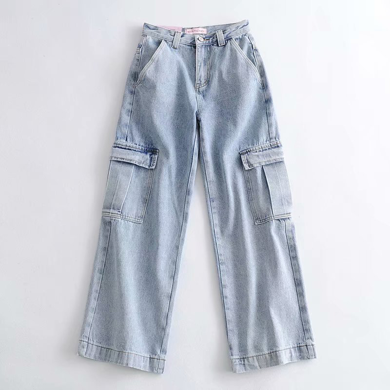 

Autumn Jeans For Women High Waist Women' Pants Big Pocket Wide Jeans Vintage Loose Harajuku Trousers, Blue