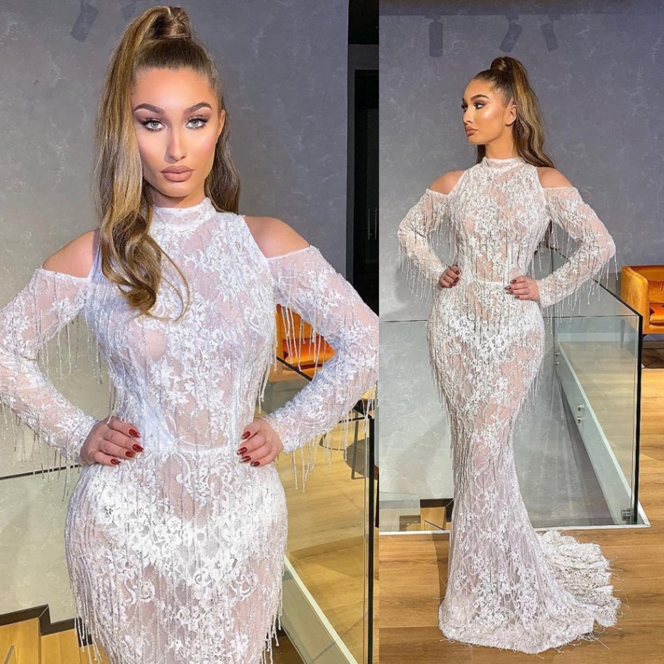 

2020 Sexy Mermaid Wedding Dresses With Detachable Train Long Sleeve Tassel Sequins Appliques Lace Wedding Dresses Sweep Train Bridal Gowns, Lavender