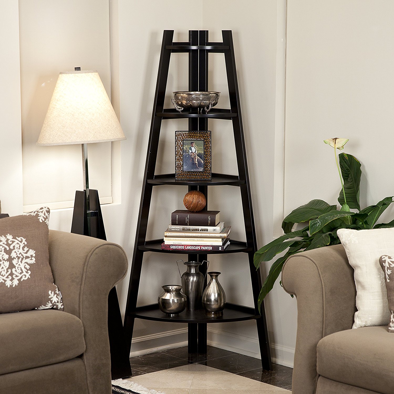 

WACO Ladder Corner Shelf, 5 Tier Wood Bookshelf Display Rack Plant Stand Holder Living Room Bedroom Bookcase Furniture Storage Black