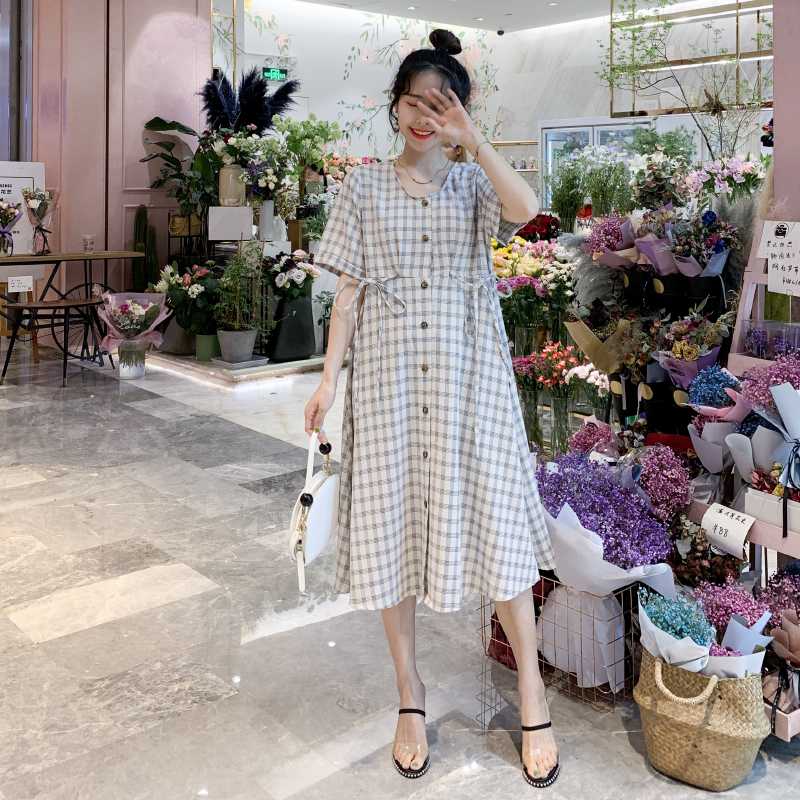

Summer Pregnant Women Lactation Dress Plus Size Short Sleeve O-Neck Drawstring Waist Cotton Nursing Dress Breastfeeding, Beige