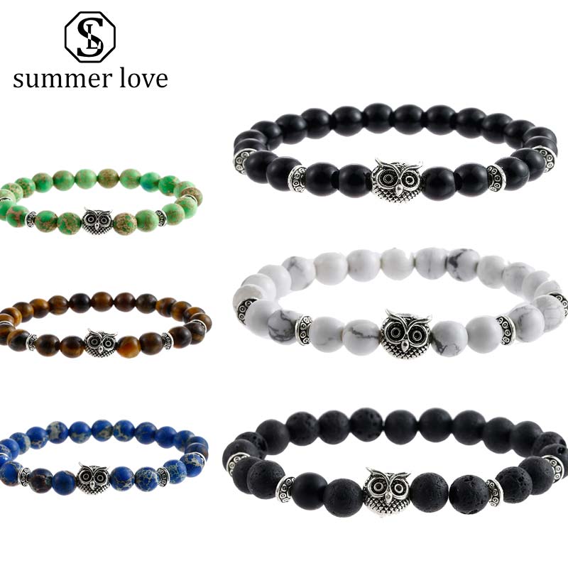 

high quality 8mm natural stone owl charm bracelet for men women fashion handmade delicate beads bracelet jewelry gift