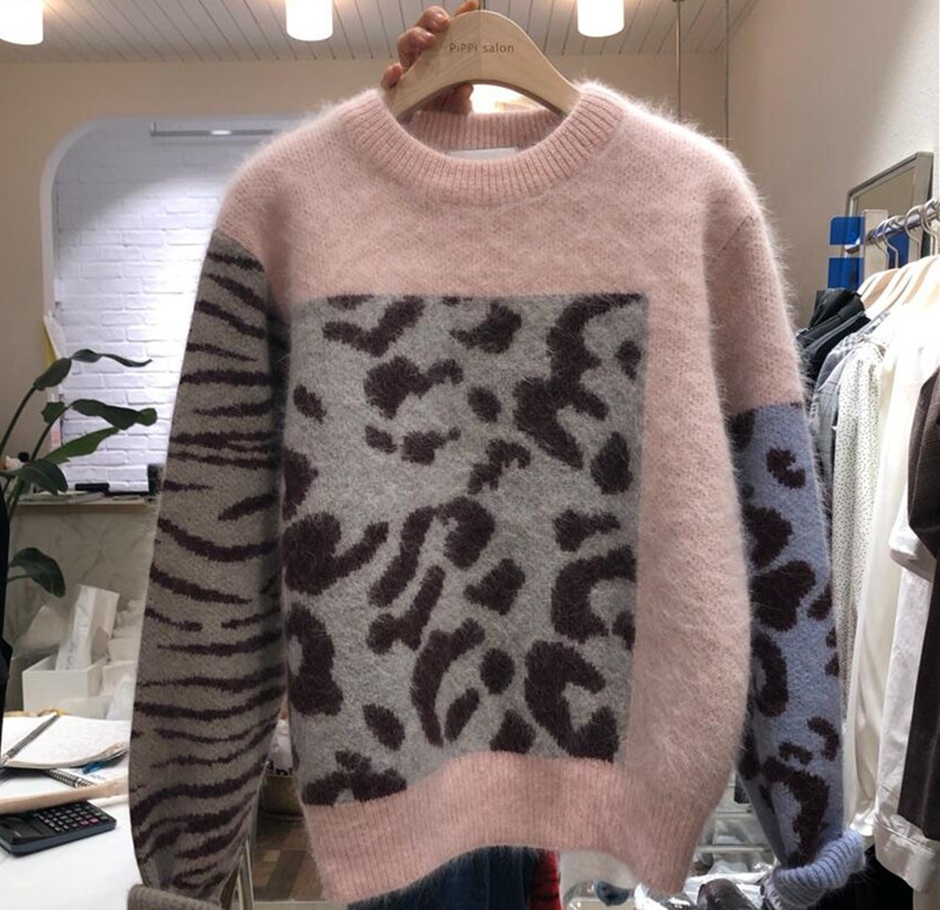 

HAMALIEL High Quality Women Pink Patchwork Leopard Knitting Pullover Casual Autumn Winter Thick Mink Cashmere Loose Sweater Tops