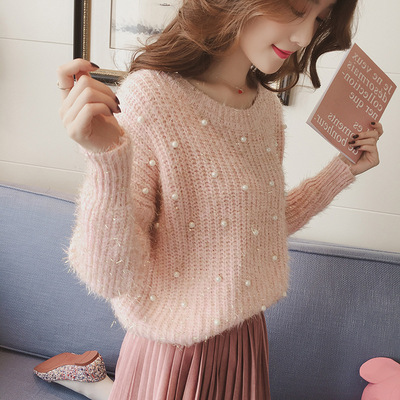 

2019 Autumn Winter Beaded Velvet Mohair Sweate Short Loose Korean Bright Silk Beaded Sweater Fashion Elegant Sweater Woman, Black