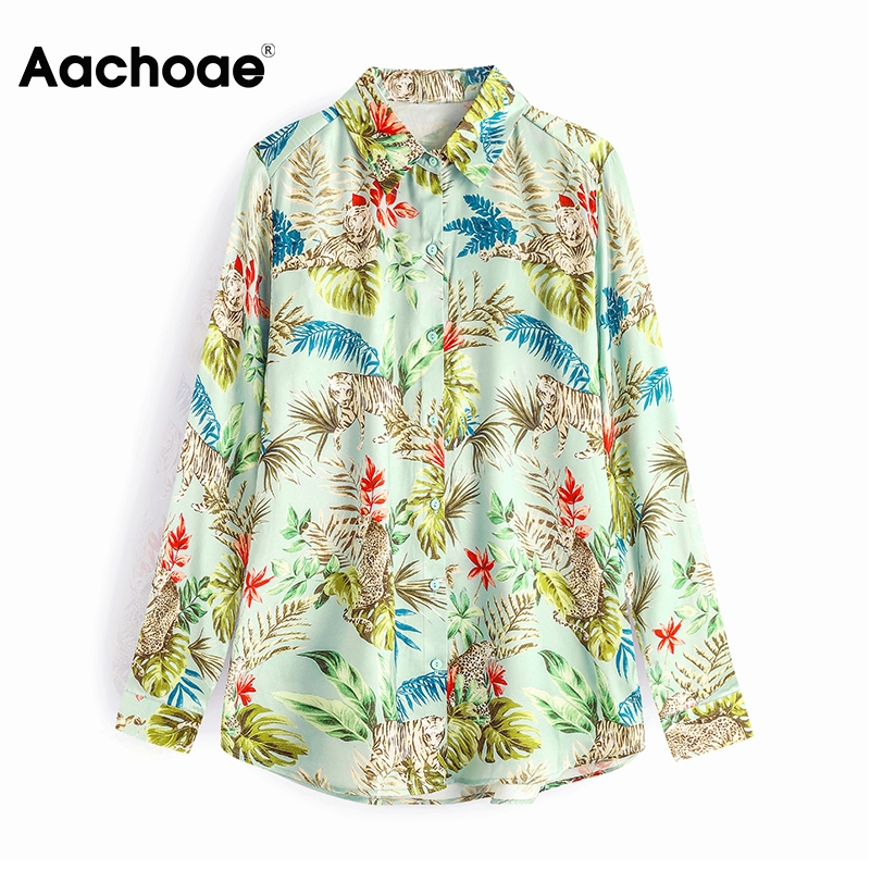 

Boho Print Long Sleeve Satin Blouse Women Turn Down Collar Holiday Beach Ladies Tops Loose Fashion Shirt Tunic Blusas Mujer -L, Green