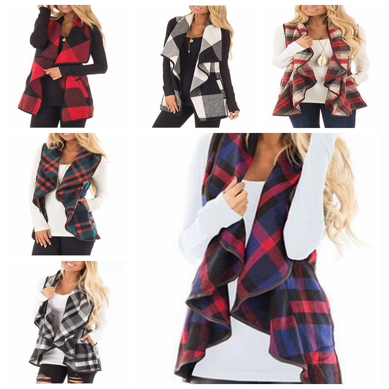 

Plaid Waistcoats Women Check Cardigan Grid Sleeveless Vests Printed Coats Shirt Lapel Fashion Casual Pocket Jackets Tops Blusas D6789