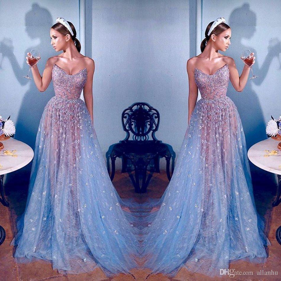 

2020 Elie Saab Evening Dresses Lace Dubai Celebrity Sweetheart Beads Illusion Long Prom Gowns A Line Formal Pageant Dresses, Light sky blue