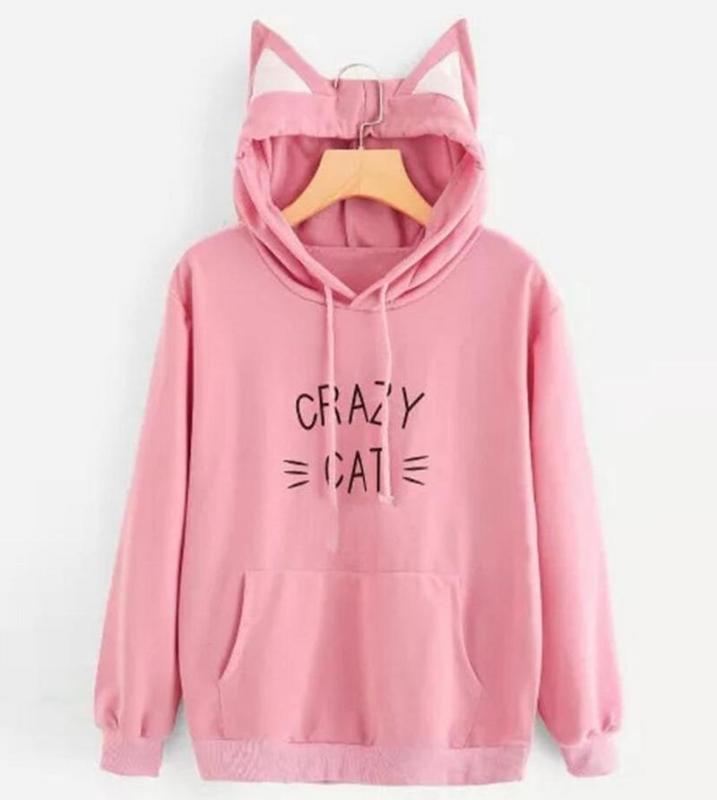 

Spring Autumn Hoodies Women Sweat Cat Ear Hooded Sweatshirt Casual Sports Tracksuit Pink Print Letter Kawaii Pullovers Tops