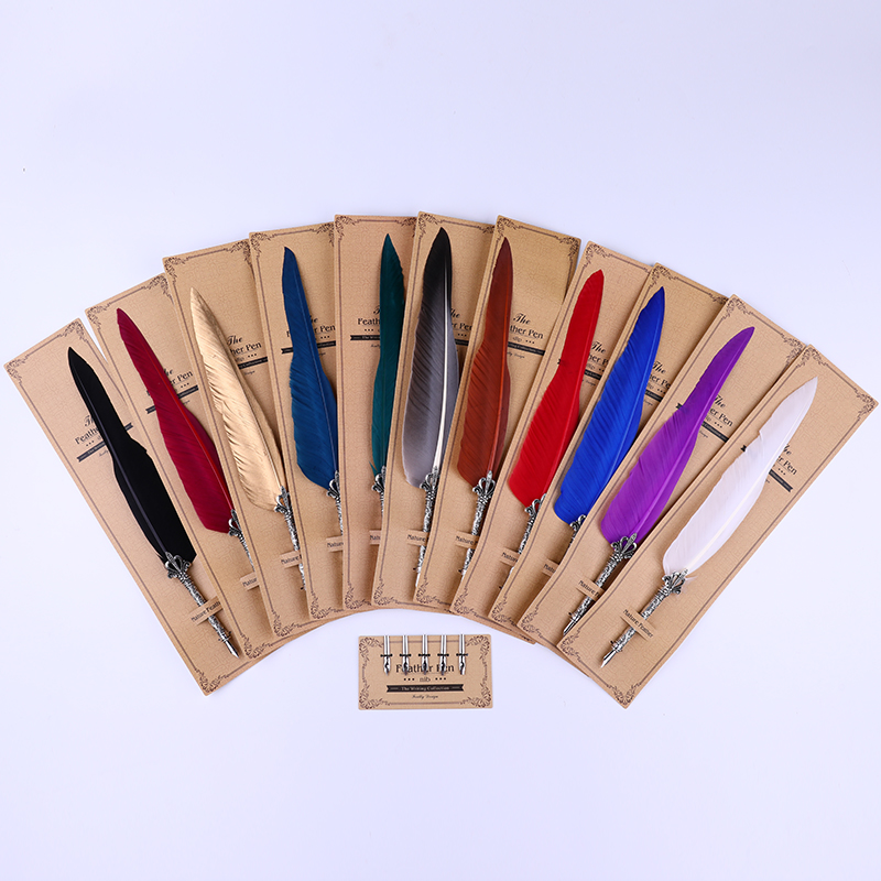 

Antique Quill Feather Dip Fountain Pen Chancery Quill Oblique Pens Stationery Office School Dip Pen+5pcs Nib Carved Metal Gifts, Red