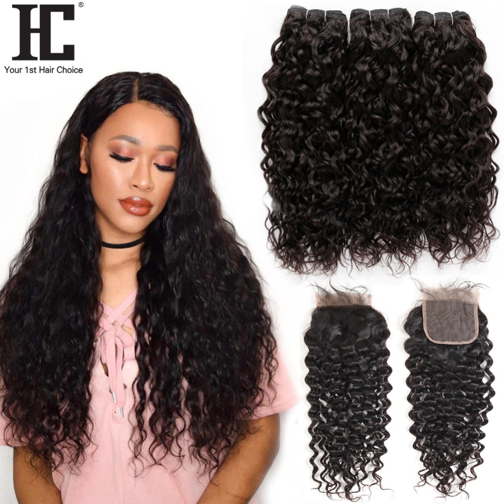 

Brazilian Water Wave With Closure 3 Bundle Unprocessed Virgin Hair With Closure Wet And Wavy Virgin Brazilian Hair With Closure, Natural color