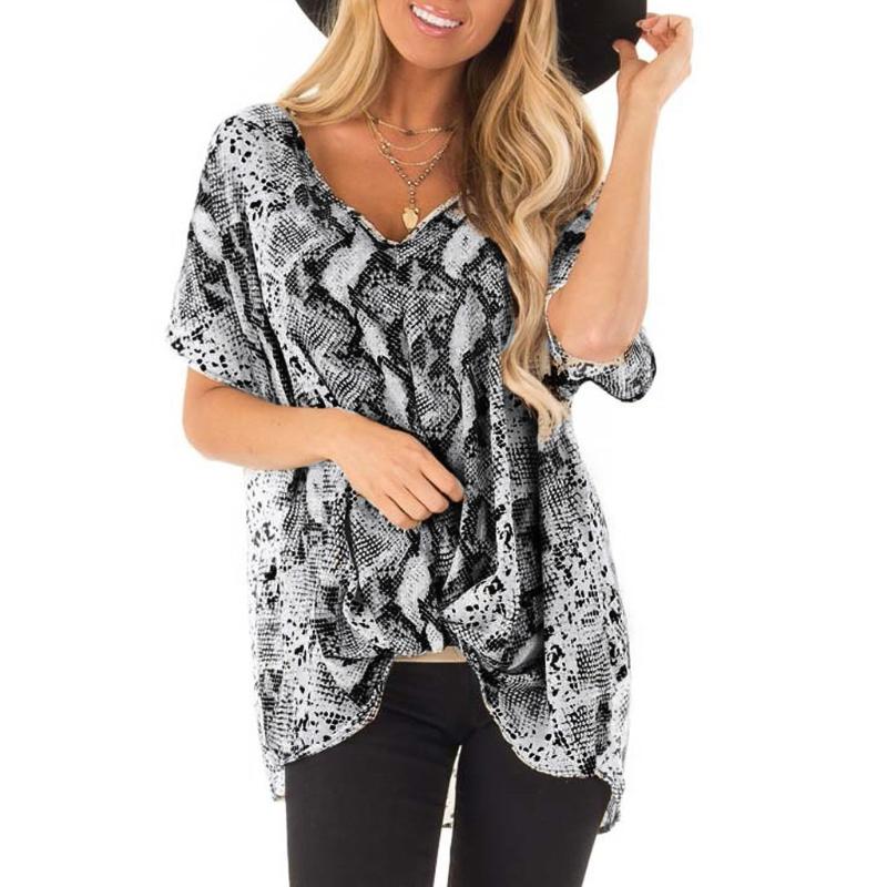 

Womens Tops And Blouses Fashion Sexy V-neck Snake Print Short Sleeve Shirt Blouse Tops Shirts Black White Women Blusas#