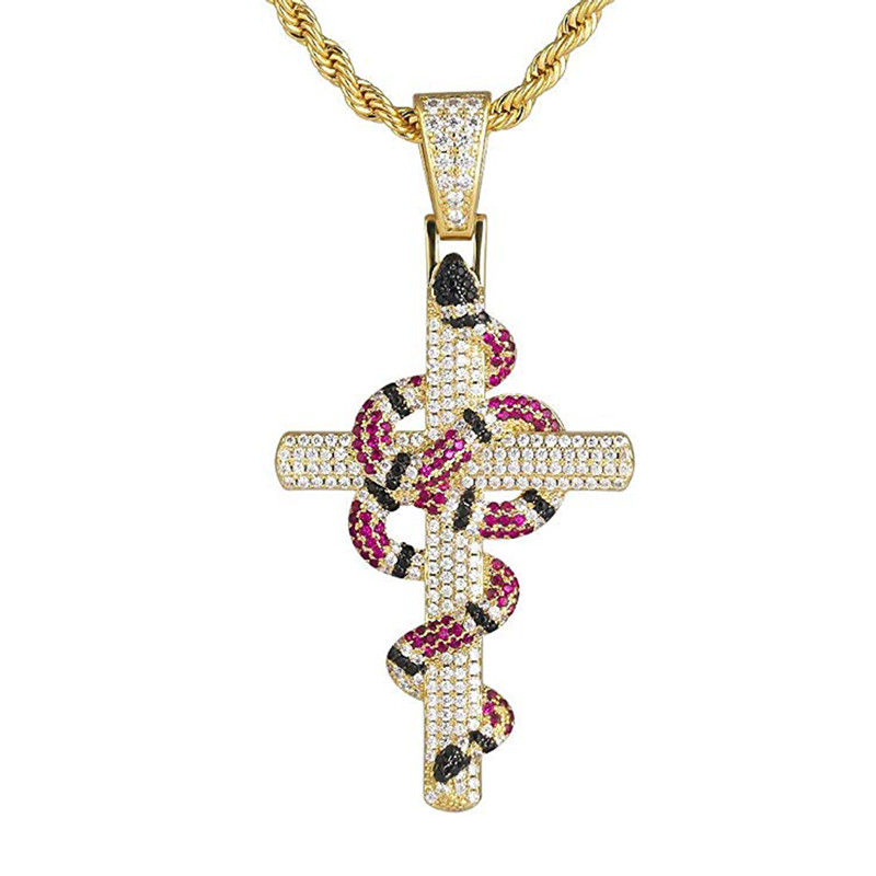 

18K Gold Plated Twisted Coral Snake Cross Pendant in White Gold Iced Out Zircon Bling Hip Hop Jewelry Gift