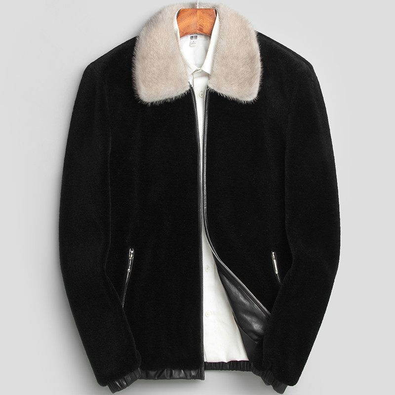

Real Fur Coat Winter Jacket Men Sheep Shearling Fur Coats Real Collar 100% Wool Coat Men Baseball Jackets 4xl LSY070088, Black