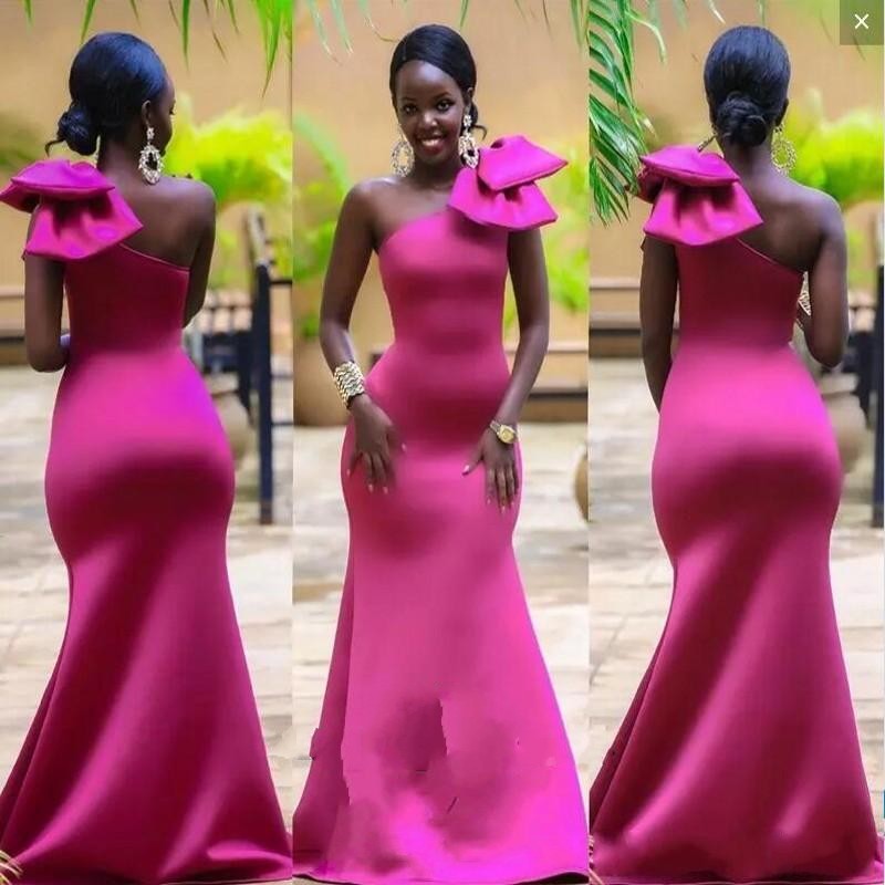 2019 Charming Fuchsia Long Prom Formal Dresses Mermaid One Shoulder robe de soiree Satin Evening Gowns With Bow